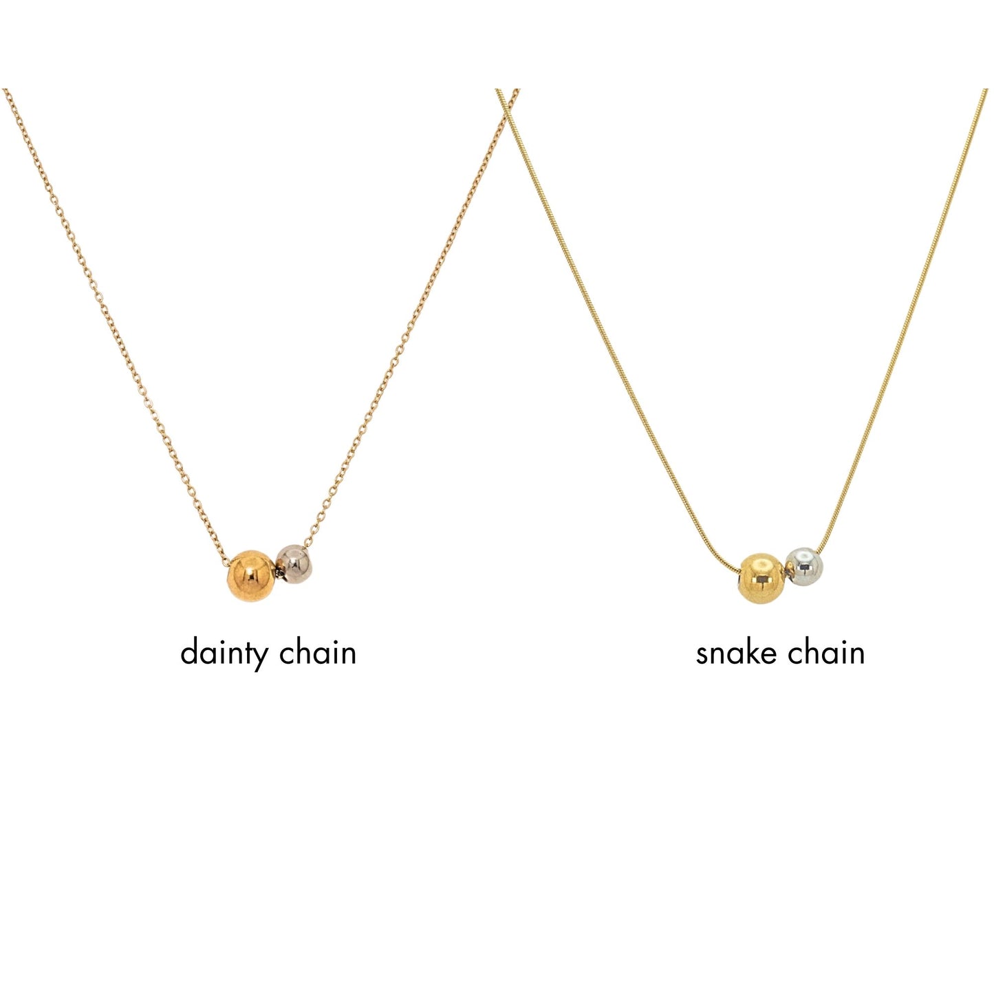 18K Gold Plated Two-Tone Beads Necklace – Mixed Metal Beads 8mm, 6mm Pendant, 1mm Snake Chain