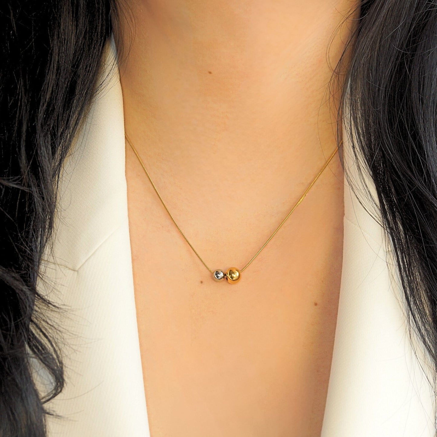 18K Gold Plated Two-Tone Beads Necklace – Mixed Metal Beads 8mm, 6mm Pendant, 1mm Snake Chain