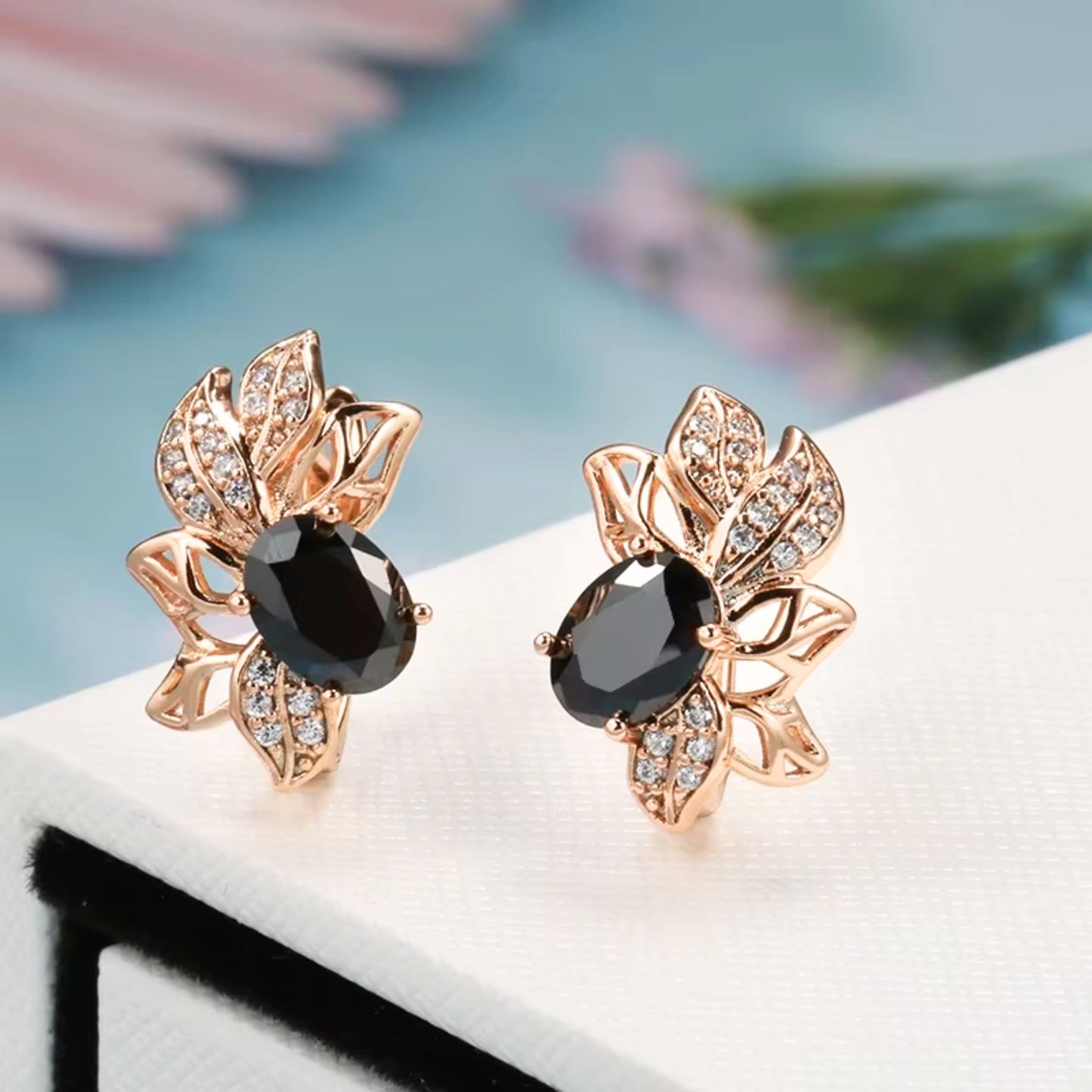 Nina - Black Zirconia 14K Gold Plated Silver (925) Flower Leaf Earrings