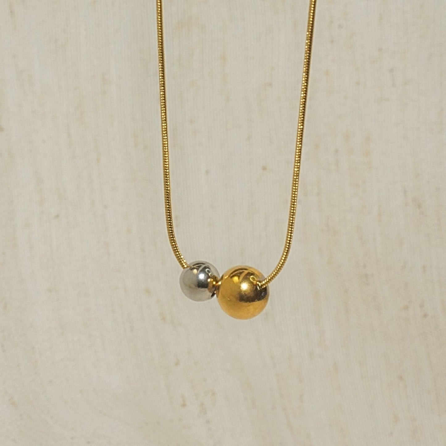 18K Gold Plated Two-Tone Beads Necklace – Mixed Metal Beads 8mm, 6mm Pendant, 1mm Snake Chain
