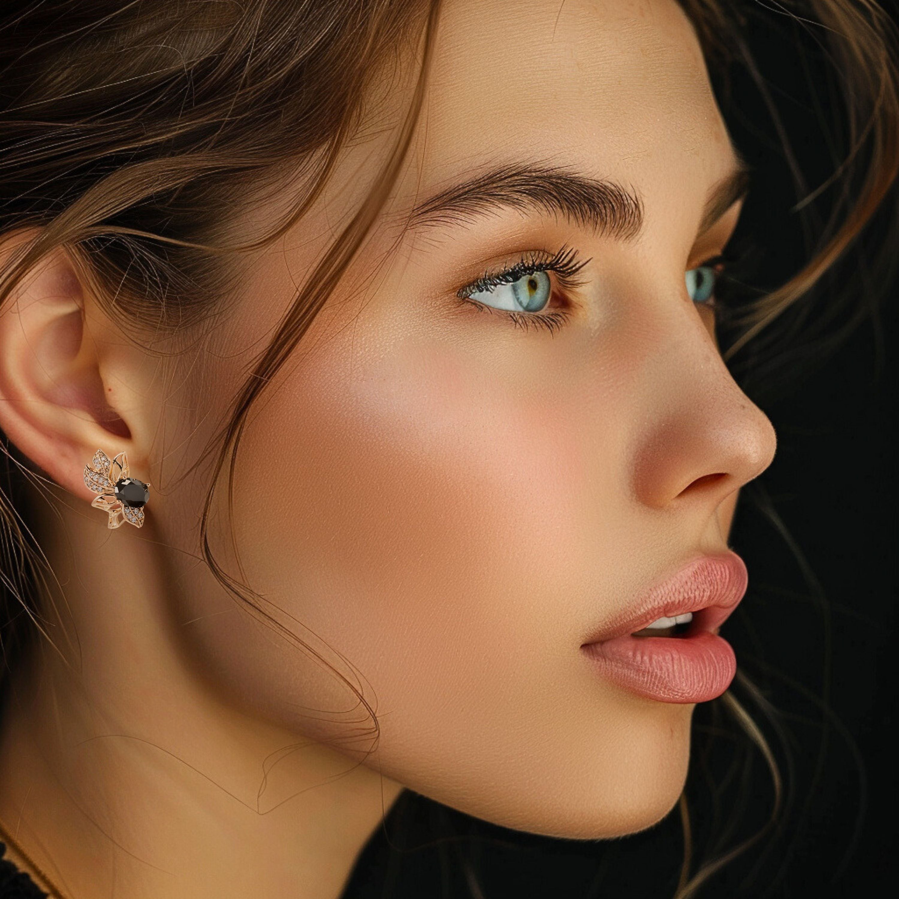 Nina - Black Zirconia 14K Gold Plated Silver (925) Flower Leaf Earrings