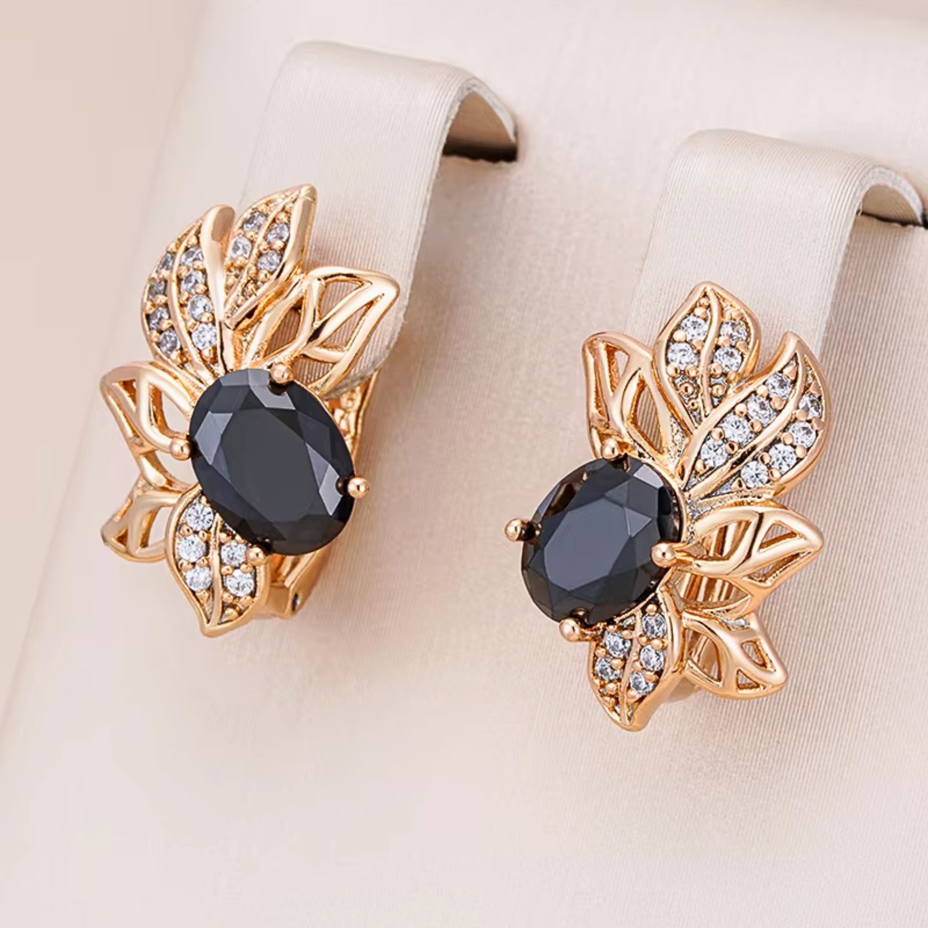 Nina - Black Zirconia 14K Gold Plated Silver (925) Flower Leaf Earrings
