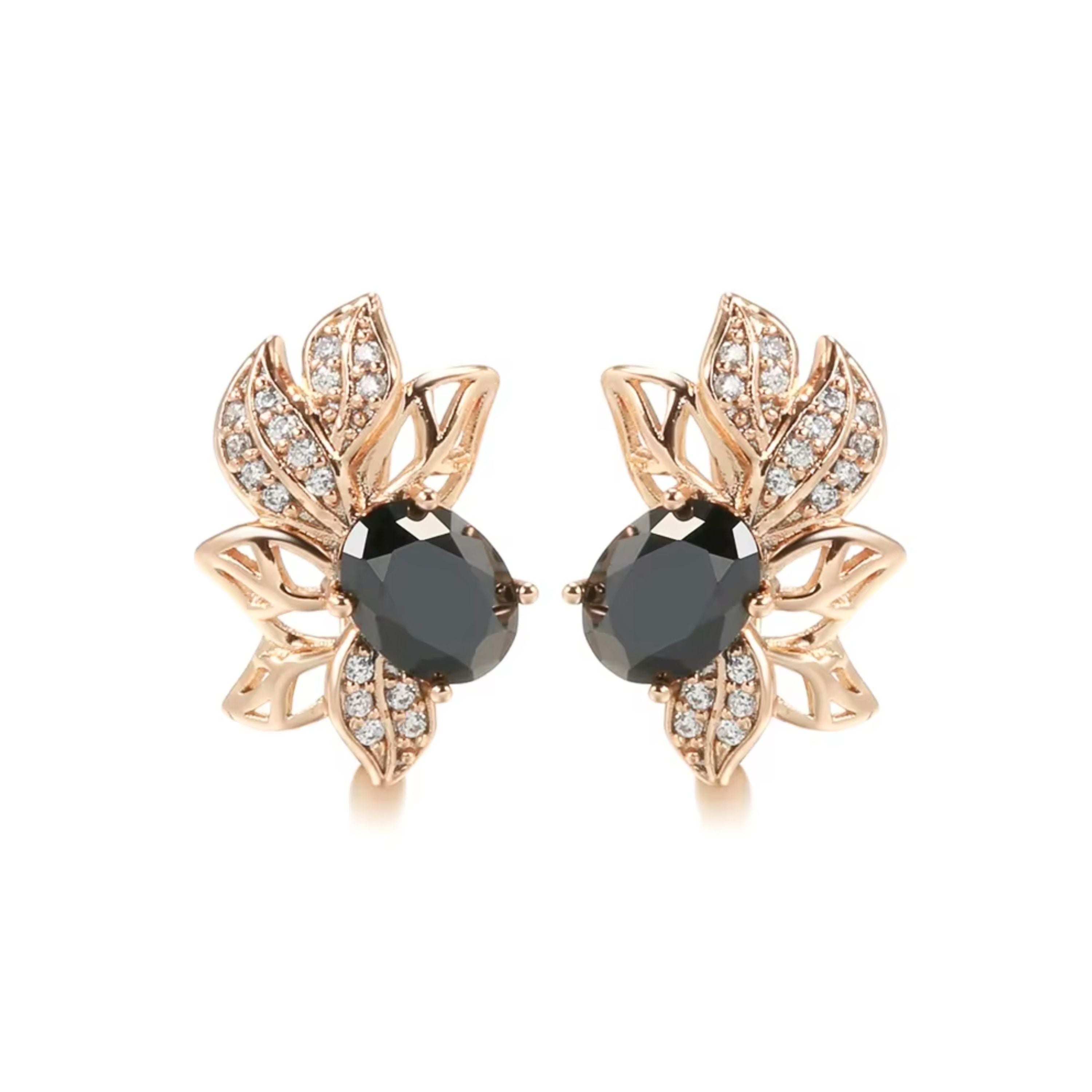 Nina - Black Zirconia 14K Gold Plated Silver (925) Flower Leaf Earrings