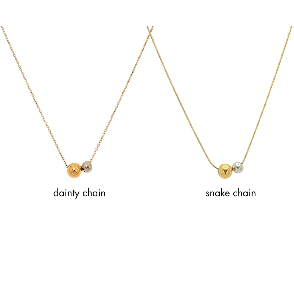 18K Gold Plated Two-Tone Beads Necklace – Mixed Metal Beads 8mm, 6mm Pendant, 1mm Snake Chain