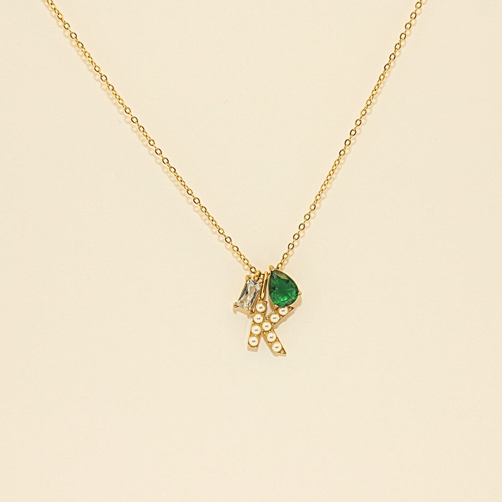 Custom Pearl Initial Necklace with Birthstone | Personalized Letter Multi Stone Gold Chain