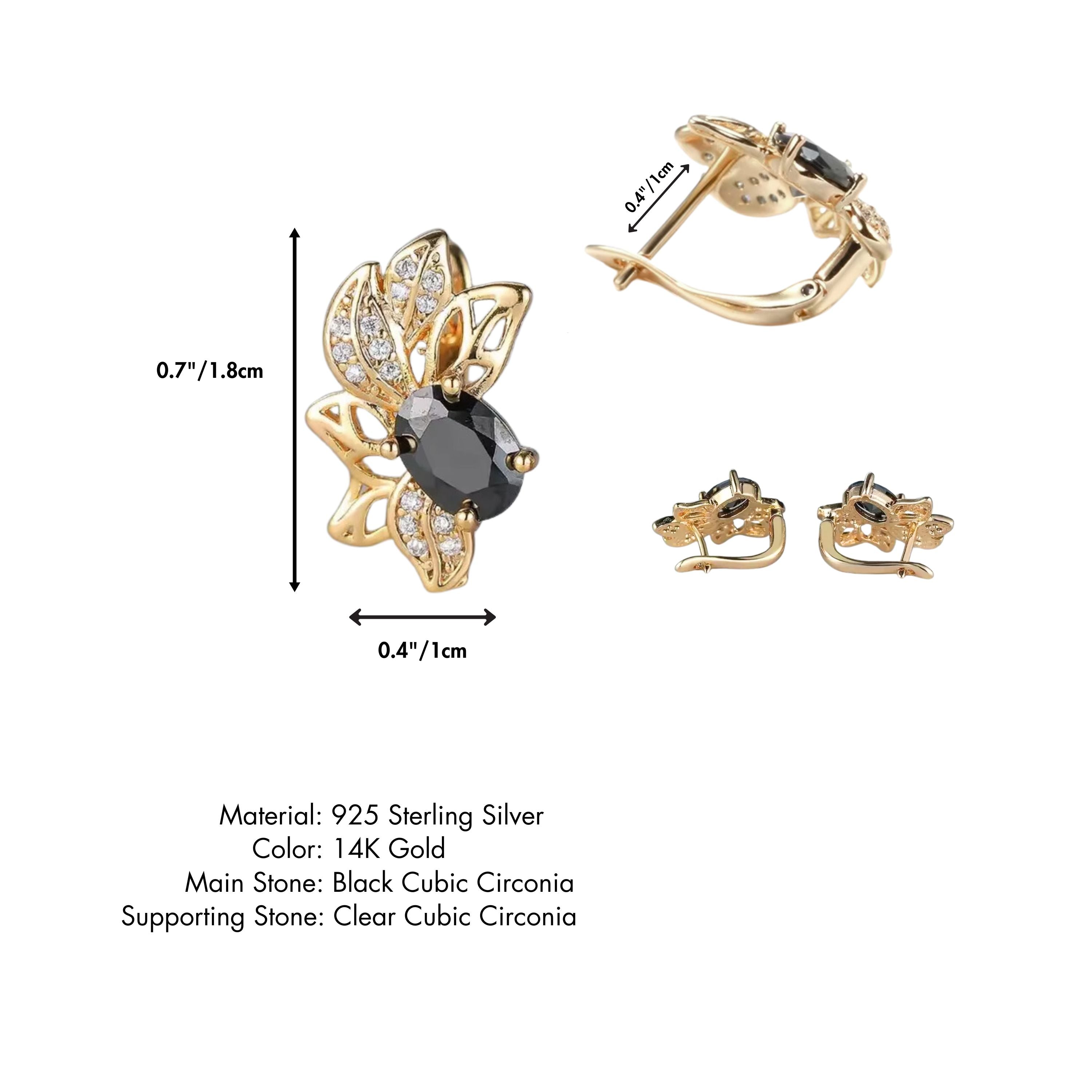 Nina - Black Zirconia 14K Gold Plated Silver (925) Flower Leaf Earrings