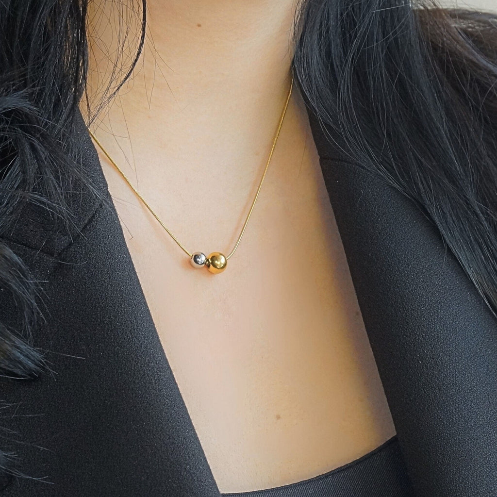 18K Gold Plated Two-Tone Beads Necklace – Mixed Metal Beads 8mm, 6mm Pendant, 1mm Snake Chain