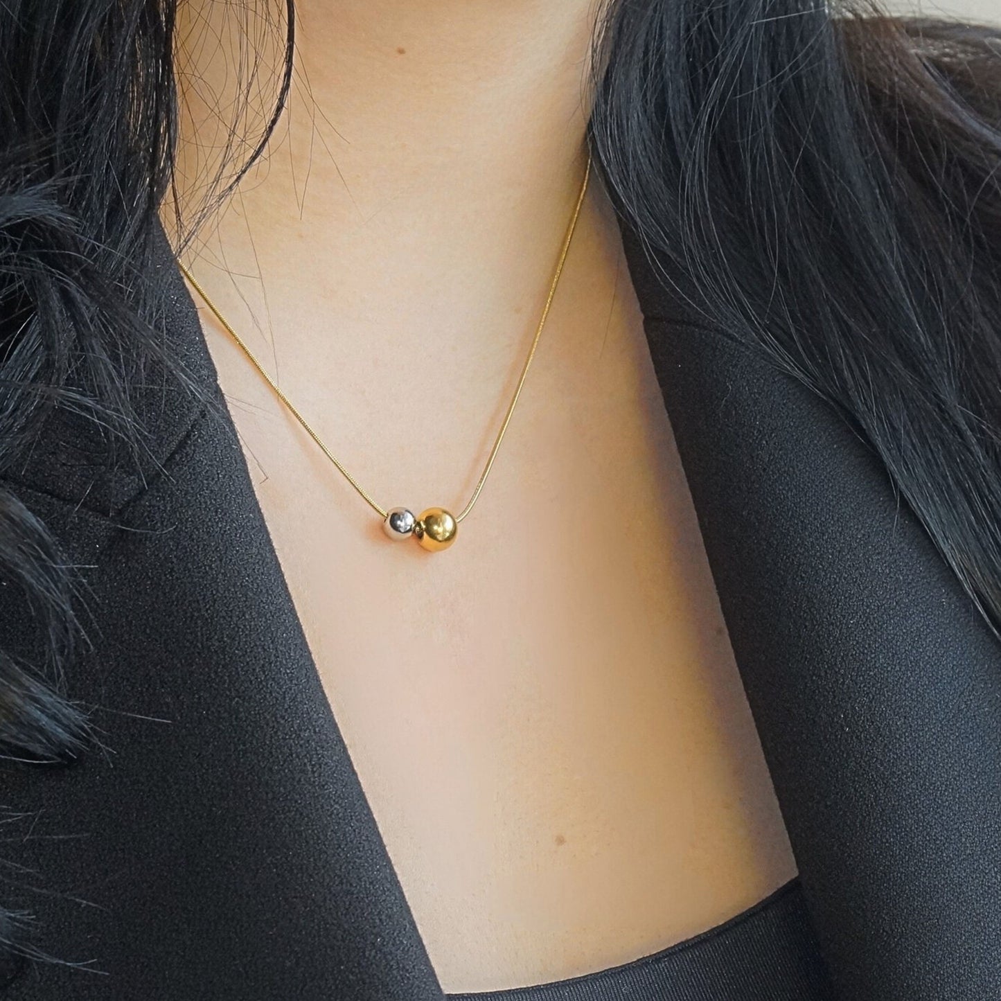 18K Gold Plated Two-Tone Beads Necklace – Mixed Metal Beads 8mm, 6mm Pendant, 1mm Snake Chain