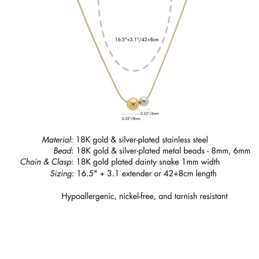 18K Gold Plated Two-Tone Beads Necklace – Mixed Metal Beads 8mm, 6mm Pendant, 1mm Snake Chain