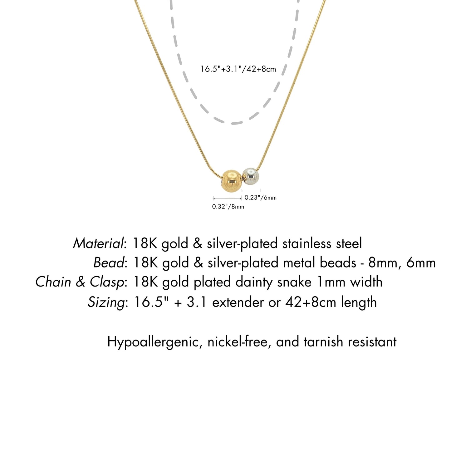 18K Gold Plated Two-Tone Beads Necklace – Mixed Metal Beads 8mm, 6mm Pendant, 1mm Snake Chain