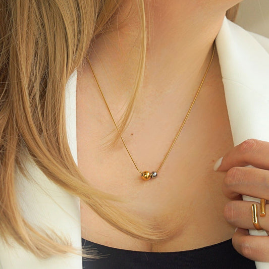 18K Gold Plated Two-Tone Beads Necklace – Mixed Metal Beads 8mm, 6mm Pendant, 1mm Snake Chain
