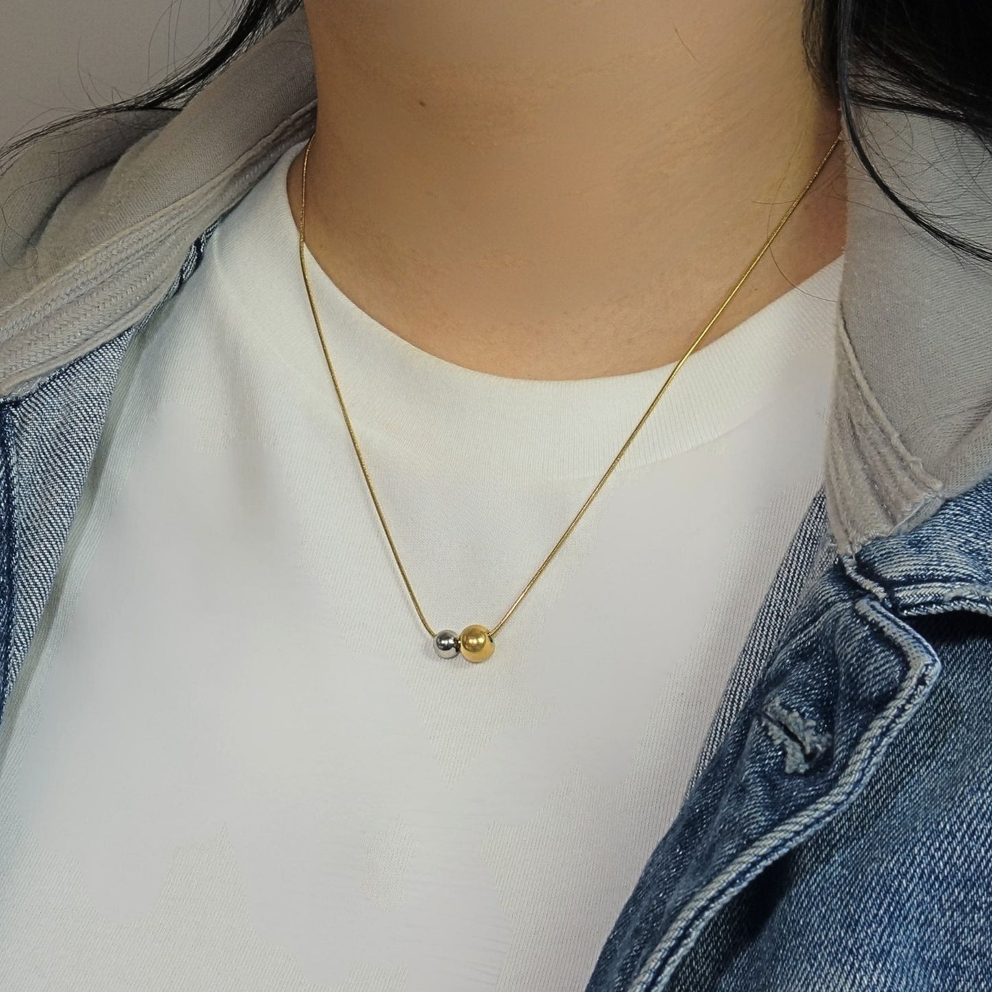 18K Gold Plated Two-Tone Beads Necklace – Mixed Metal Beads 8mm, 6mm Pendant, 1mm Snake Chain