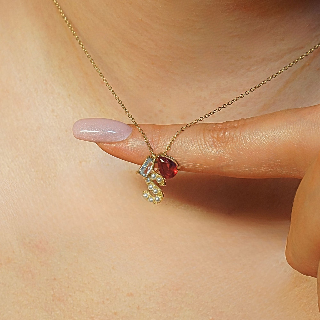 Custom Pearl Initial Necklace with Birthstone | Personalized Letter Multi Stone Gold Chain