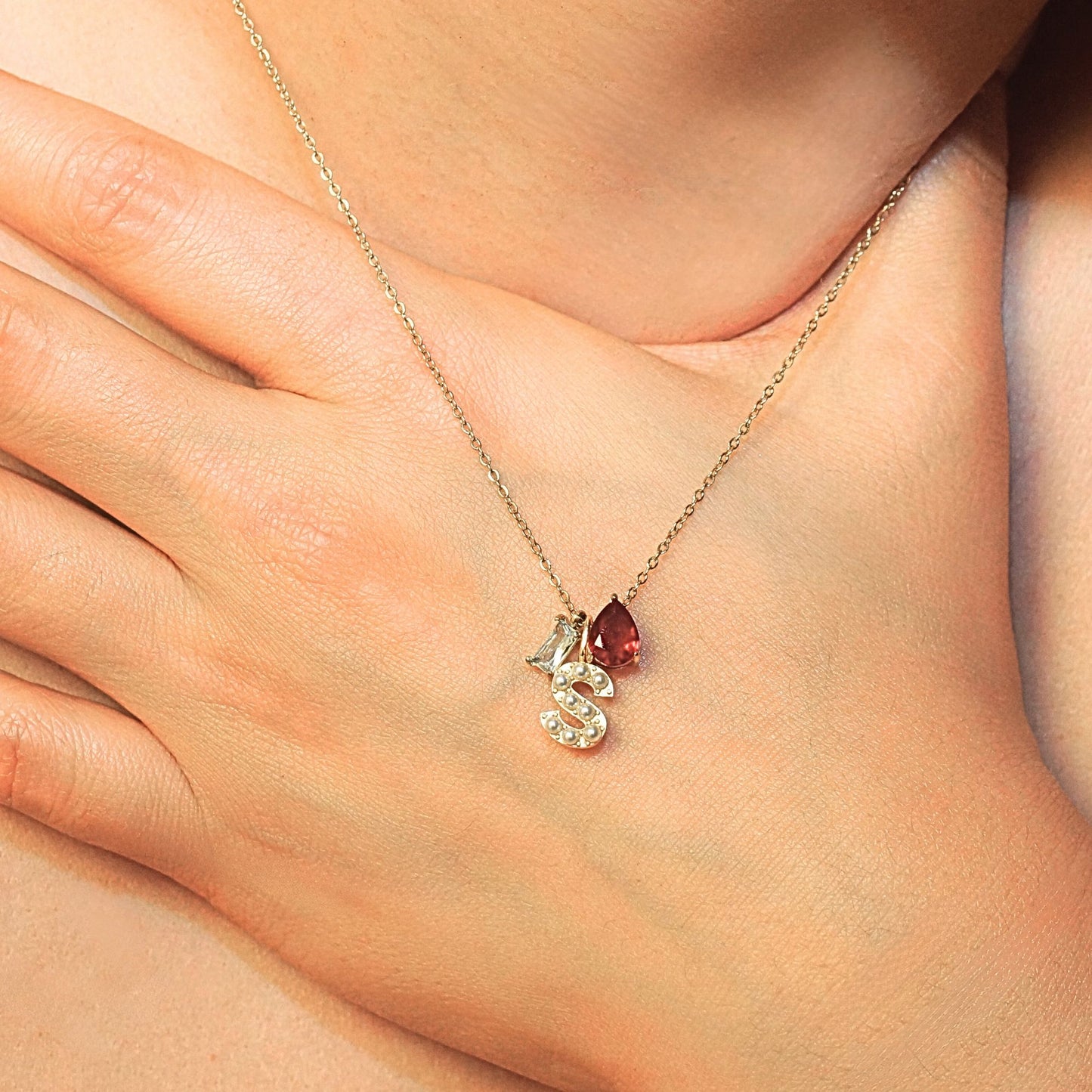 Custom Pearl Initial Necklace with Birthstone | Personalized Letter Multi Stone Gold Chain