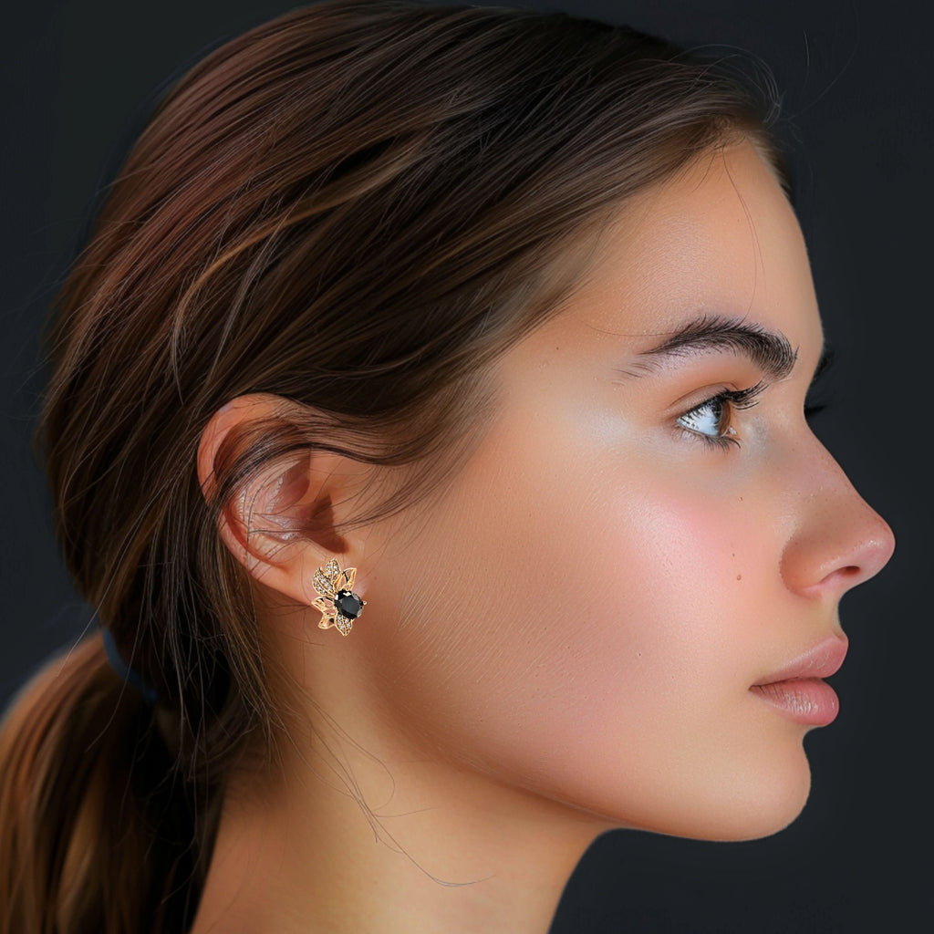 Nina - Black Zirconia 14K Gold Plated Silver (925) Flower Leaf Earrings