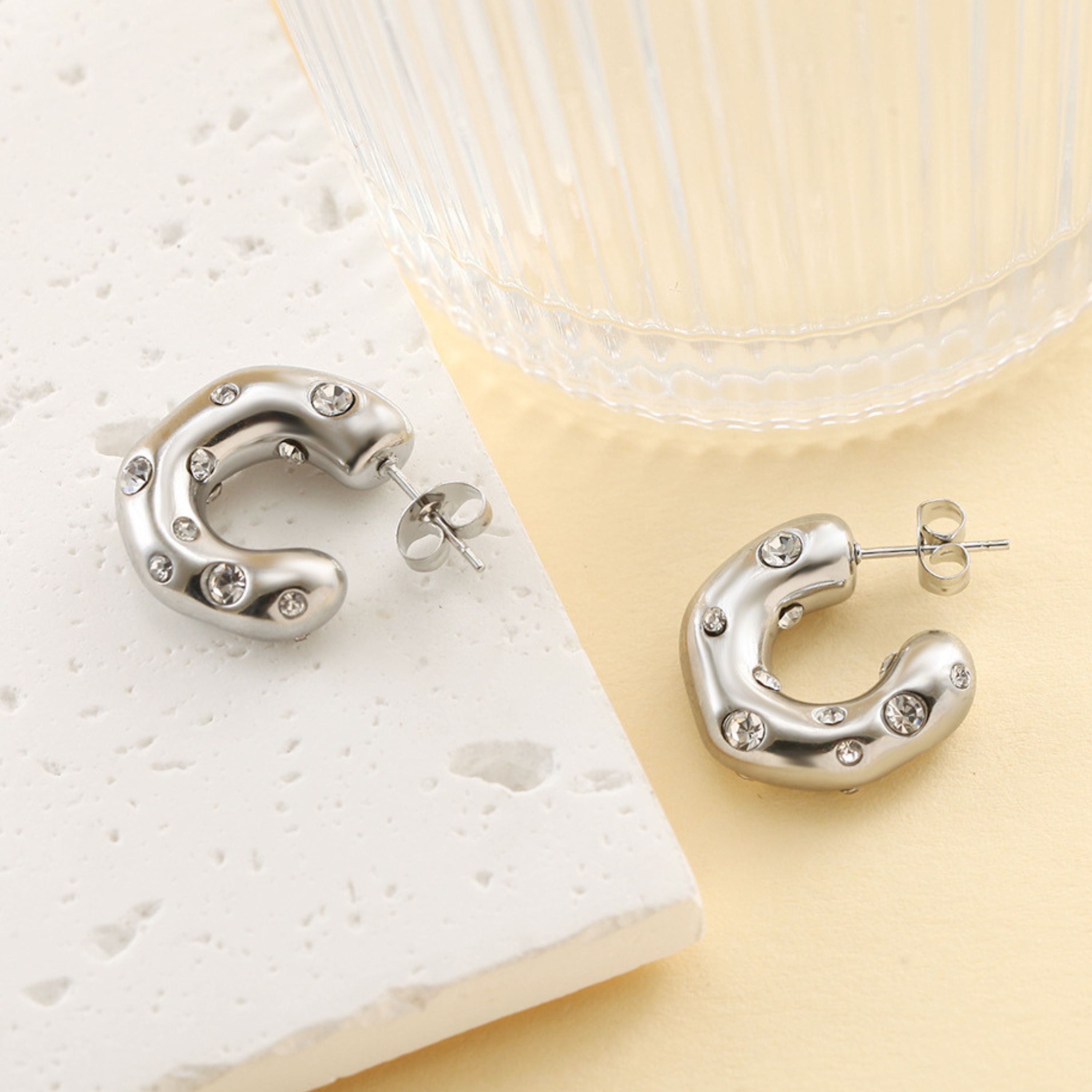 Silver C-Shape Puffy Earrings