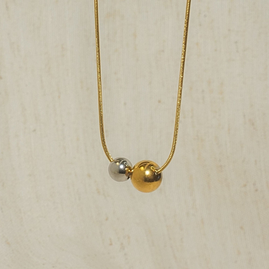 18K Gold Plated Two-Tone Beads Necklace – Mixed Metal Beads 8mm, 6mm Pendant, 1mm Snake Chain